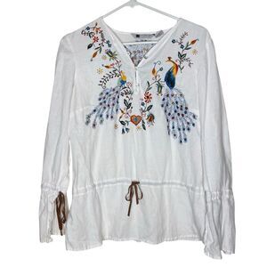 Carole Little Top Embroidered Peacock Linen Long Bell Sleeve White Size Small